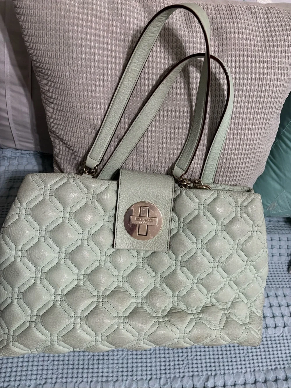 Kate Spade Quilted Mint Green Leather Tote with Turn-Lock